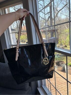 Michael Kors Black Patent Tote with Tan Shoulder Straps and Gold MK Charm